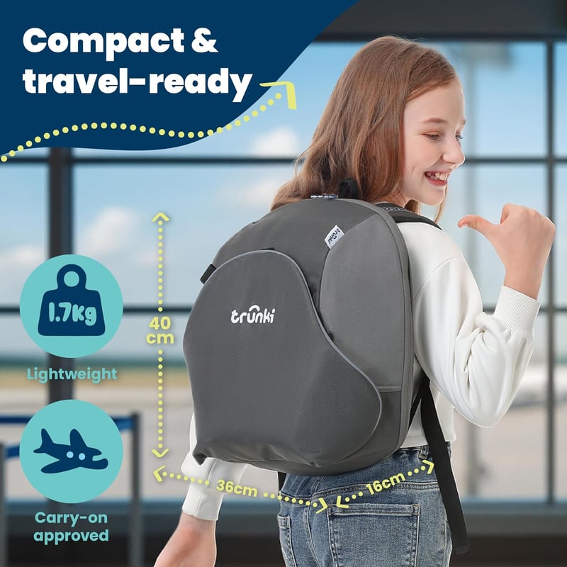 Trunki BoostApak 2in1 Ülésmagasító és Hátizsák - i-Size Utazó Gyerekülés 6+ Éves Gyermekeknek (126-150 cm), 8L Kézipoggyász Méretű, Szürke