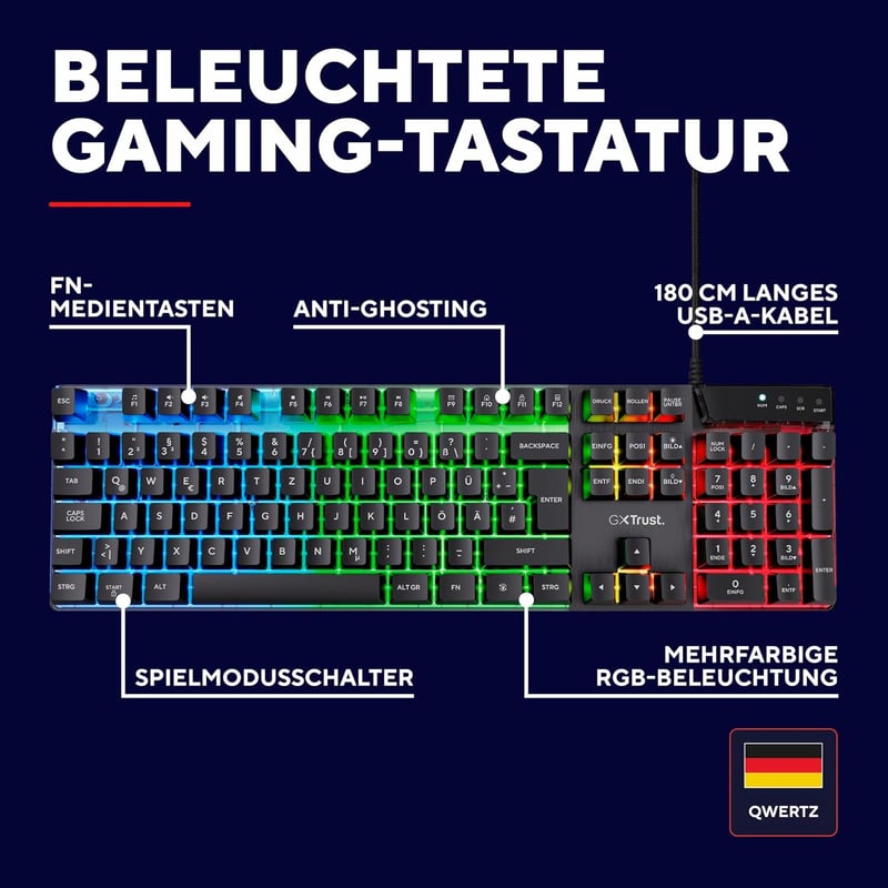 Trust Gaming GXT 835 Azor Gamer Billentyűzet RGB Világítással, Német QWERTZ, Teljes Méret - black, Full Size