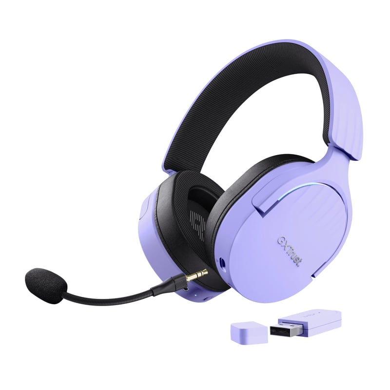 Herné slúchadlá Trust GXT 491P Fayzo, bezdrôtové Bluetooth a 2,4 GHz RF, priestorový zvuk 7.1, RGB, cez uši (over-ear), kompatibilné s PC, PS5, PS4, Switch, fialové