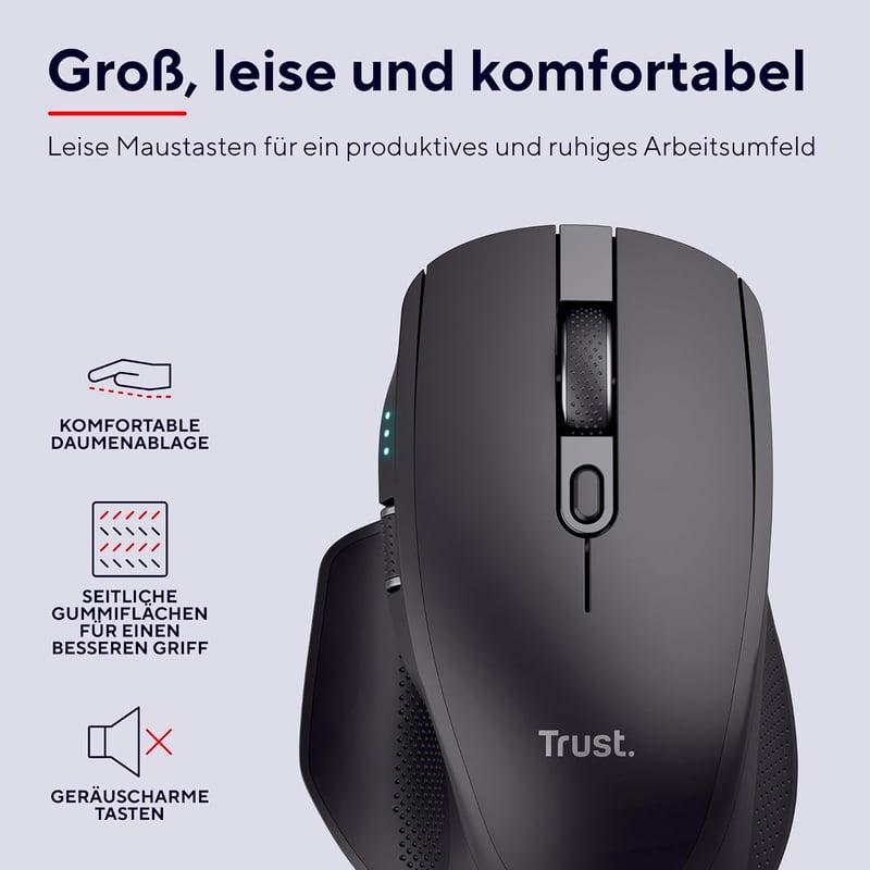 Trust Ozaa+ Wireless Egér Bluetooth 2.4GHz, Programozható, Csendes, Újratölthető, Mac/Laptop - black, Bluetooth + 2.4GHz