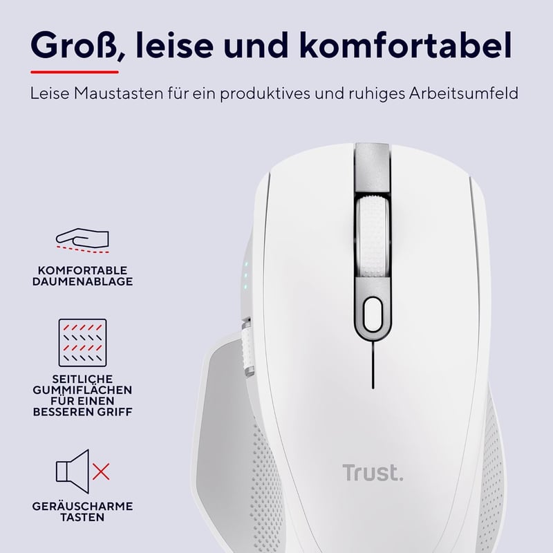 Trust Ozaa+ Wireless Egér Bluetooth 2.4GHz, Programozható, Csendes, Újratölthető, Fehér - White, Bluetooth + 2.4GHz