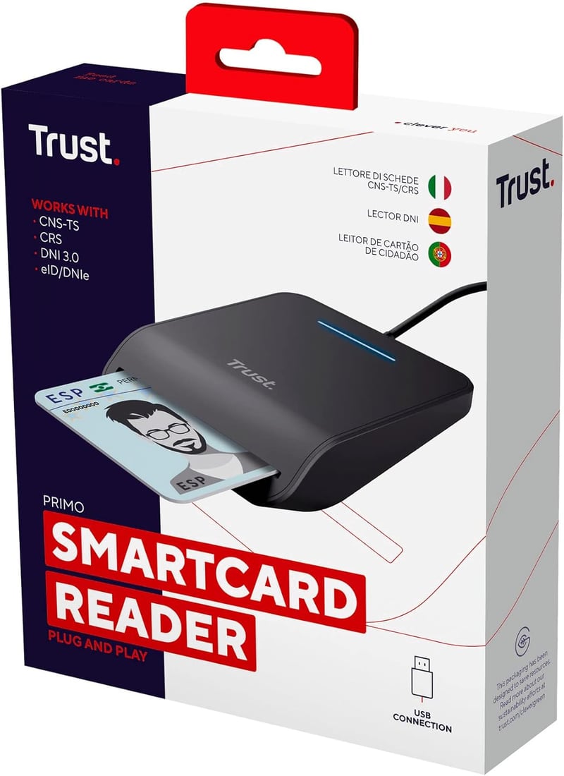 Trust Primo DNI Intelligens Kártyaolvasó USB, ID Kártya Olvasó, Plug & Play - standard
