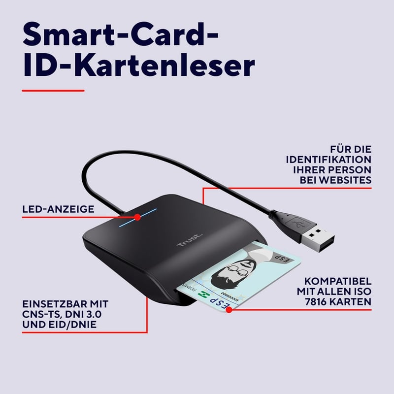 Trust Primo DNI Intelligens Kártyaolvasó USB, ID Kártya Olvasó, Plug & Play - standard