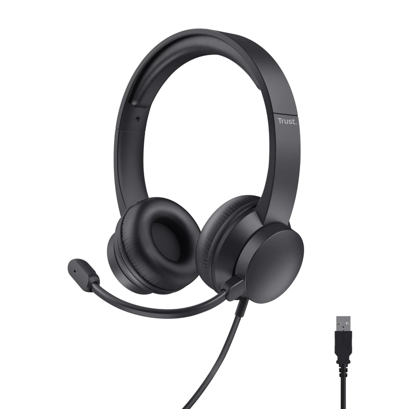 Trust Roha II USB slúchadlá s mikrofónom, čierne – on-ear, ľahký dizajn, 1,8 m kábel, kompatibilné s PC, Mac, Skype, Teams, Zoom
