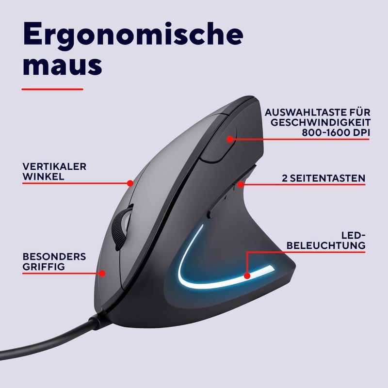 Trust Verto Ergonomikus Vertikális Egér RSI Megelőzés Jobbkezes 1000/1600 DPI LED - Black/sheer joy, USB