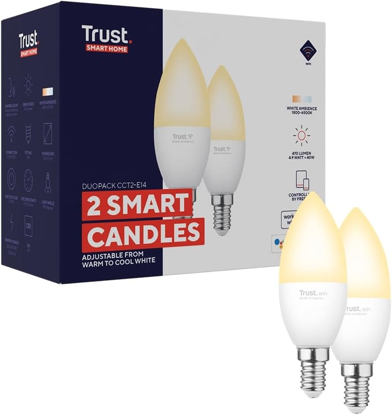 Trust WiFi E14 okos izzó, dimmelhető LED, Alexa és Google Home kompatibilis, RGB, 2 db