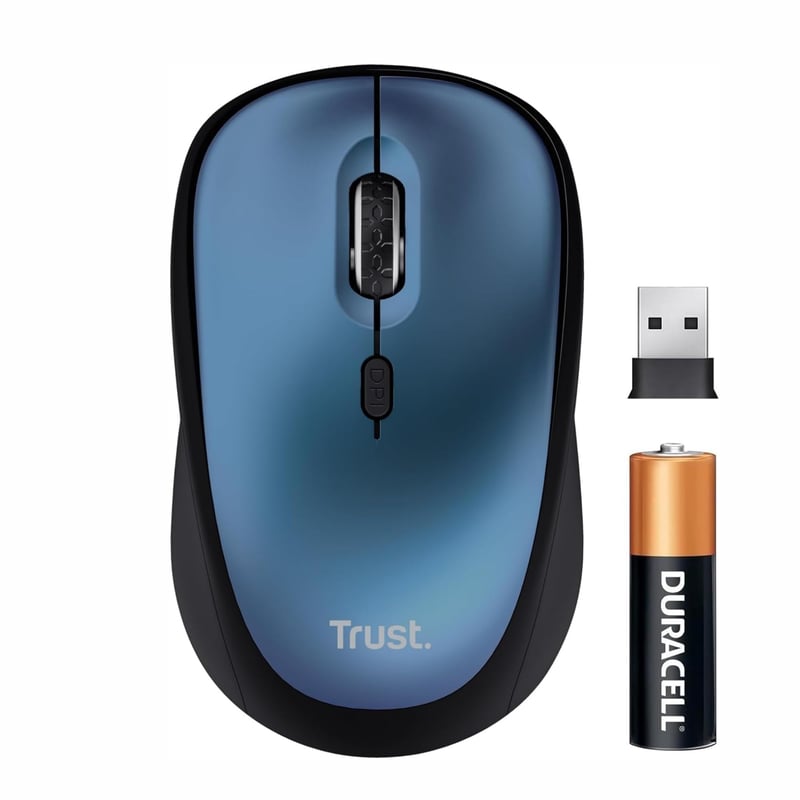 Tichá bezdrôtová myš Trust Yvi+, modrá, 800-1600 DPI, pre ľavákov aj pravákov, USB mikro prijímač, kompaktná bezdrôtová myš k notebooku, PC, Macu
