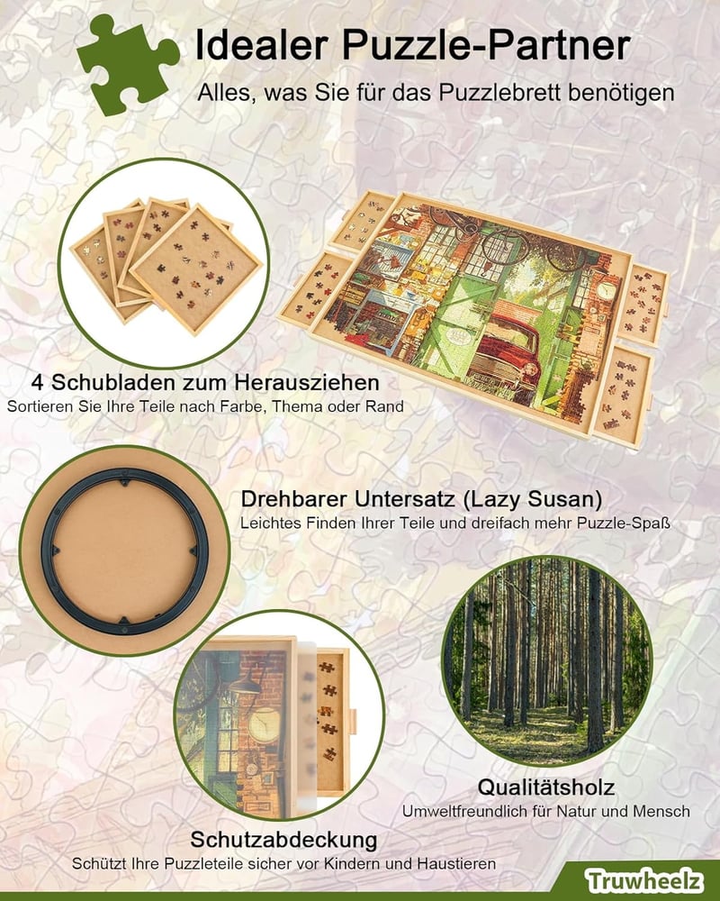 Truwheelz Forgatható Puzzle Asztal 2000 Darabos Kirakóhoz - 72,4x102 cm Fa Kirakós Tábla 4 Fiókkal és Fedéllel, Felnőtteknek