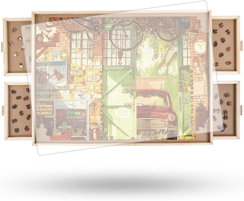 Truwheelz Forgatható Puzzle Asztal 2000 Darabos Kirakóhoz - 72,4x102 cm Fa Kirakós Tábla 4 Fiókkal és Fedéllel, Felnőtteknek