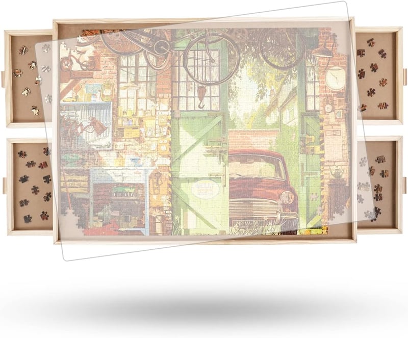 Truwheelz Forgatható Puzzle Asztal 4 Fiókkal és Fedéllel - 64x87 cm Fa Kirakós Tábla 1500 Darabos Játékhoz - Forgatható Lazy Susan Rendszer