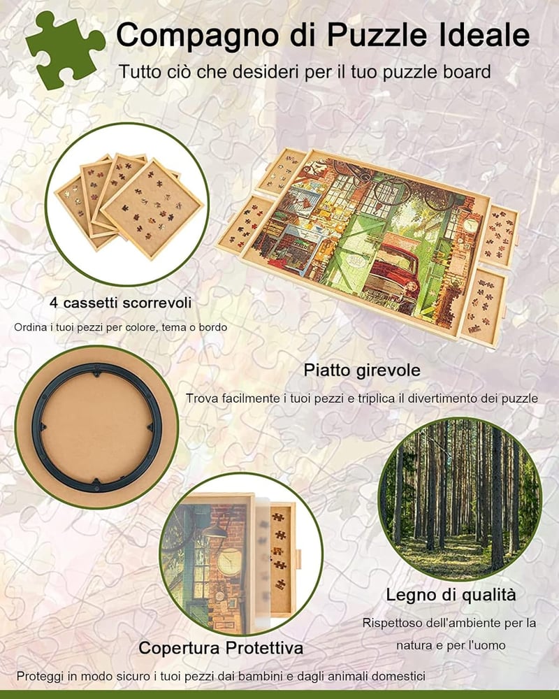 Truwheelz Forgatható Puzzle Asztal 4 Fiókkal és Fedéllel - 64x87 cm Fa Kirakós Tábla 1500 Darabos Játékhoz - Forgatható Lazy Susan Rendszer