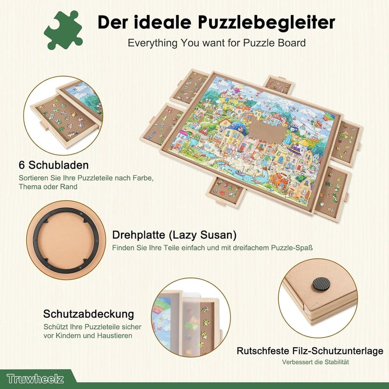 Truwheelz Forgatható Puzzle Asztal 6 Fiókkal és Fedéllel - 64x87 cm Fa Kirakós Tábla 1500 Darabos Játékhoz - Lazy Susan Forgó Rendszer

AI: 