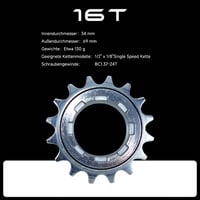 Pinion single speed TSTRAUM cu roată liberă 16T - 1/2" x 1/8", piesă de schimb cu filet pentru bicicletă, argintiu 2