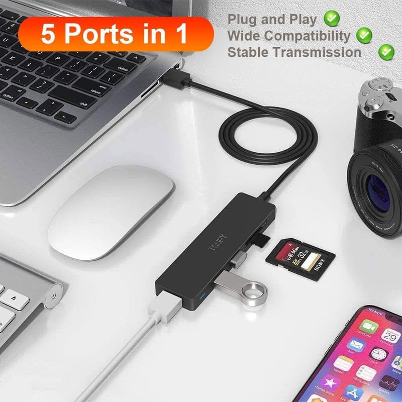 TSUPY USB 3.0 Hub 5 az 1-ben, 3 Port + SD TF Kártyaolvasó, 1.2m Kábel