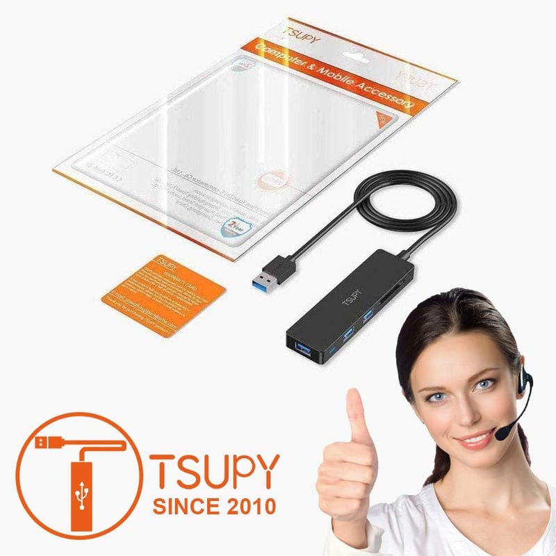 TSUPY USB 3.0 Hub 5 az 1-ben, 3 Port + SD TF Kártyaolvasó, 1.2m Kábel