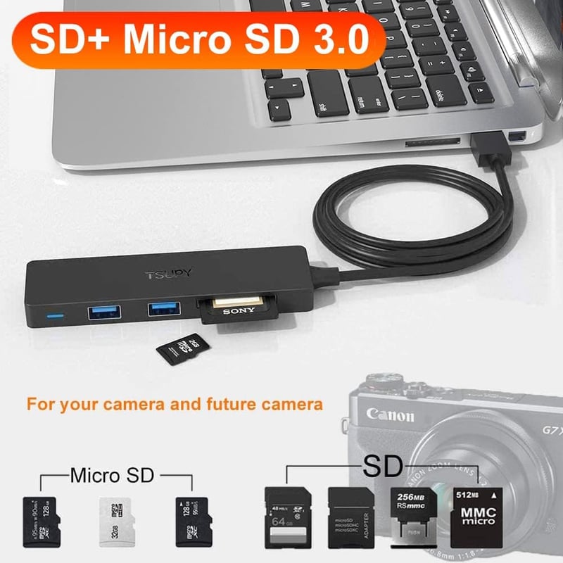TSUPY USB 3.0 Hub 5 az 1-ben, 3 Port + SD TF Kártyaolvasó, 1.2m Kábel