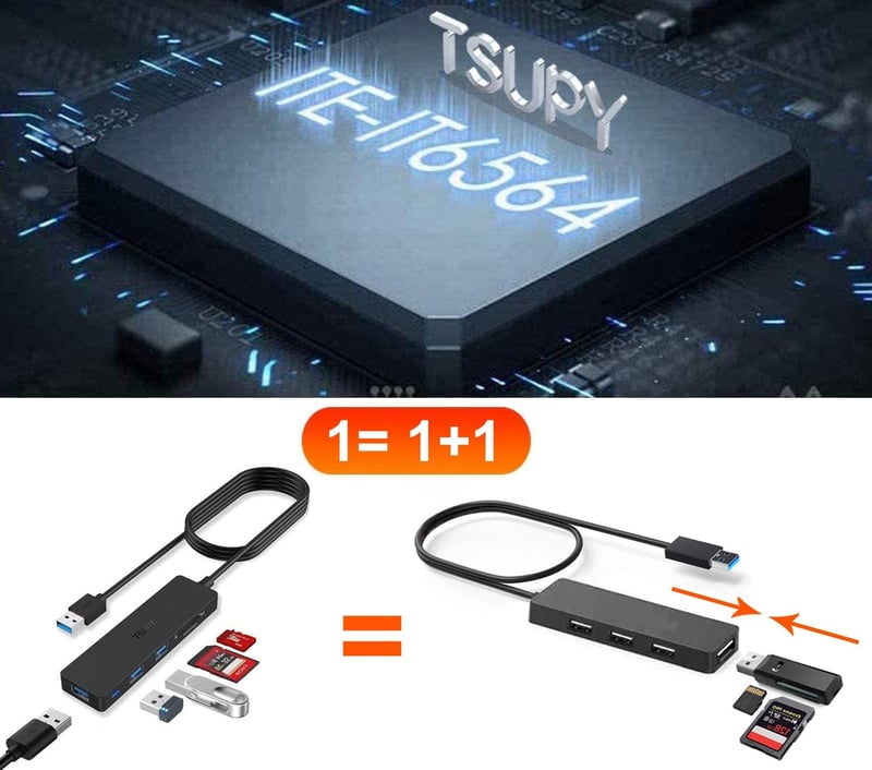 TSUPY USB 3.0 Hub 5 az 1-ben, 3 Port + SD TF Kártyaolvasó, 1.2m Kábel