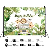 Fundal foto pentru zi de naștere Ttincceer 1,8x1,2 m, tematică Junglă, Animale, Safari, Leu, Elefant, Hipopotam, Desen animat, Camion, Banner pentru petrecere aniversară, ședință foto 2
