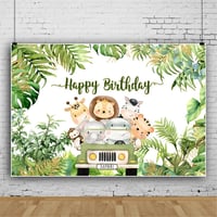 Fundal foto pentru zi de naștere Ttincceer 1,8x1,2 m, tematică Junglă, Animale, Safari, Leu, Elefant, Hipopotam, Desen animat, Camion, Banner pentru petrecere aniversară, ședință foto 3