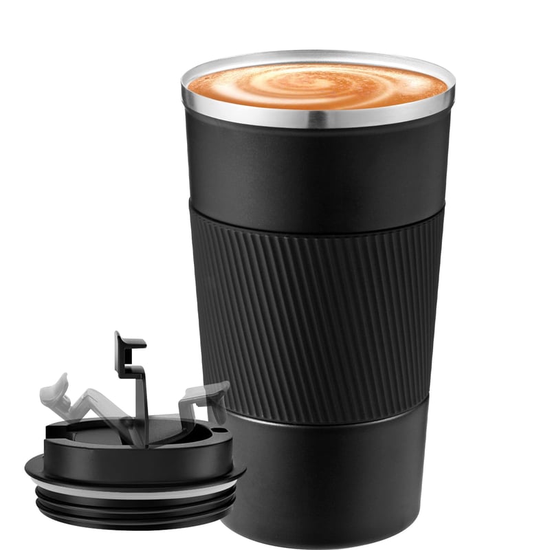 Cană Termos TTSTOIEE 510 ml, Pahar Termo pentru Cafea Negru, Oțel Inoxidabil cu Pereți Dubli și Izolație în Vid, Cană Portabilă pentru Cafea și Ceai, Menține Băuturile Reci și Calde