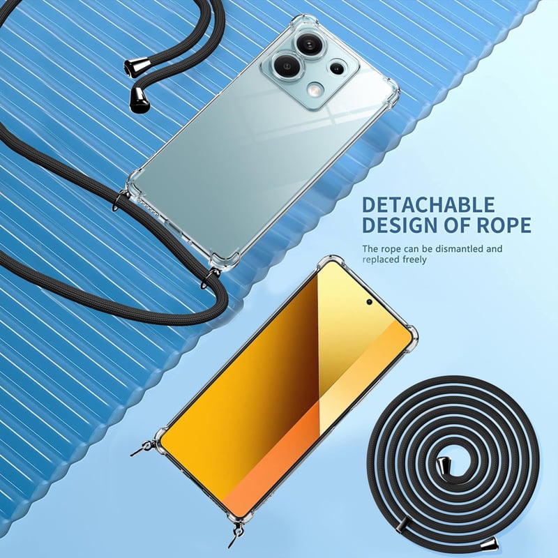 TTSWJBD Átlátszó Telefontok Nyakpánttal Xiaomi Redmi Note 13 4G - Levehető Fekete Zsinórral, Képernyővédővel, Ütésálló Szilikon Védőtok