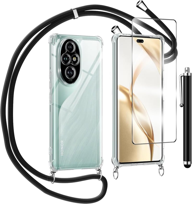 TTSWJBD Honor 200 Pro 5G Átlátszó Telefontok Nyakpánttal - Levehető Fekete Zsinórral, Képernyővédővel, Ütésálló Szilikontok Szabadtéri Haszn