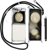 TTSWJBD Nyakpántos Telefontok Samsung Galaxy Z Flip 6 Készülékhez - Átlátszó Szilikon Védőtok Levehető Fekete Pánttal és Képernyővédővel 1