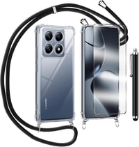TTSWJBD Xiaomi 14T Telefontok Nyakpánttal - Átlátszó Szilikon Védőtok Levehető Fekete Zsinórral és Képernyővédő Fóliával 1