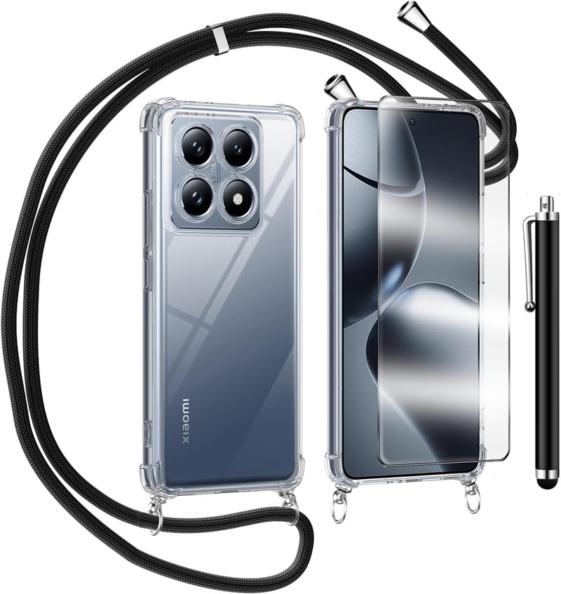 TTSWJBD Xiaomi 14T Telefontok Nyakpánttal - Átlátszó Szilikon Védőtok Levehető Fekete Zsinórral és Képernyővédő Fóliával