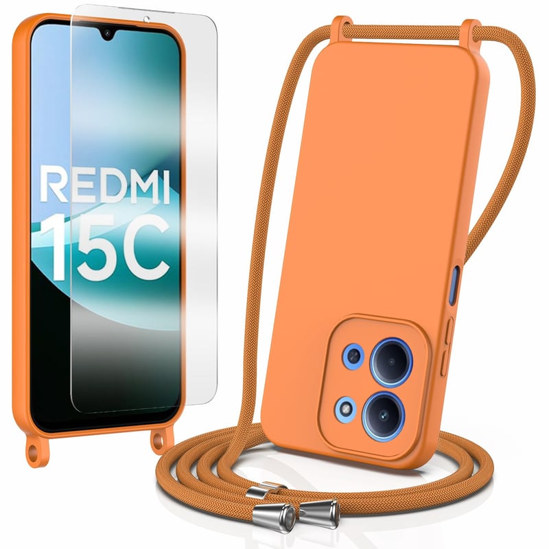 Puzdro TTSWJBD pre Xiaomi Redmi 14C s náhrdelníkom a ochranným tvrdeným sklom, čierny, nárazuvzdorný priehľadný silikónový zadný kryt s odnímateľnou šnúrkou