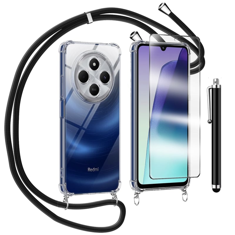 TTSWJBD maska za Xiaomi Redmi 14C s vezicom i zaštitnim staklom za ekran, crna, prozirna silikonska maska otporna na udarce s odvojivom vezicom