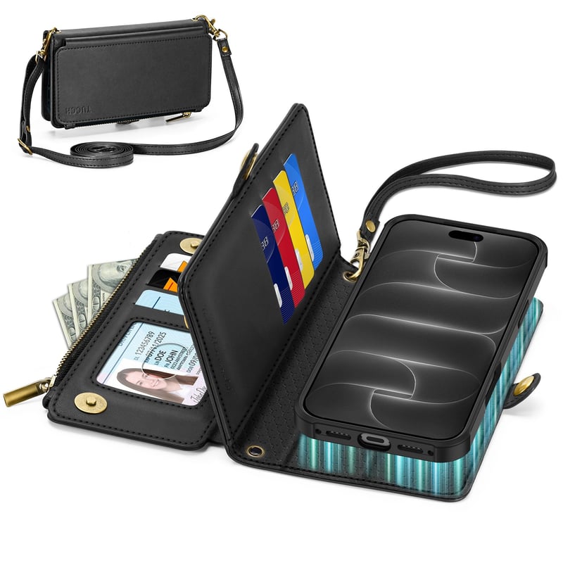TUCCH Crossbody Wallet puzdro pre iPhone 18 Pro Max / 17 Pro Max (6,9") – čierne, puzdro na telefón v štýle kabelky cez rameno