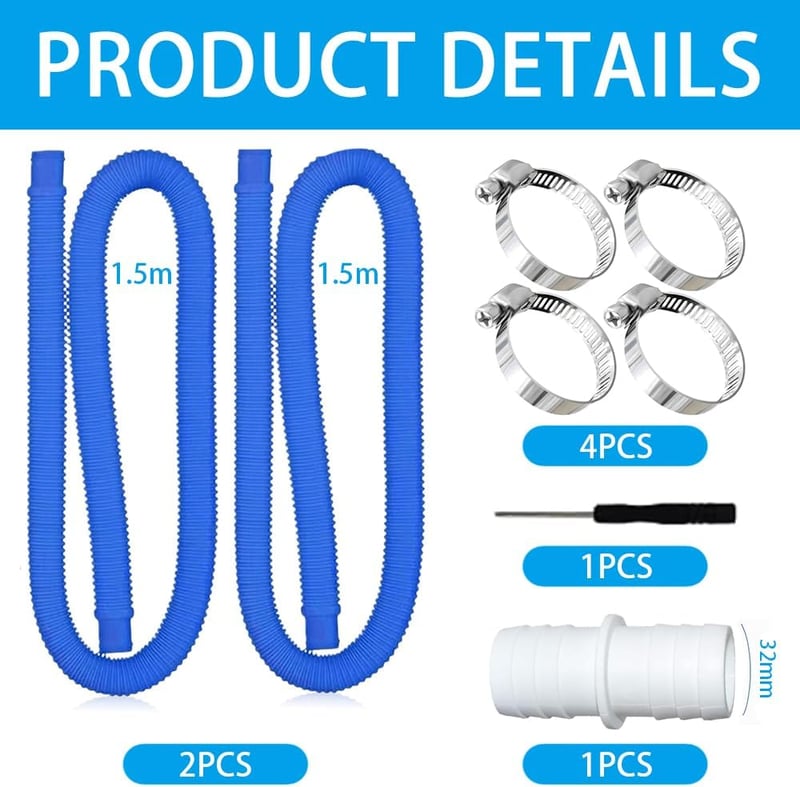 TUIBEIDAMAI Medence Tömlő 32 mm - 2 db 150 cm-es Kék Úszómedence Cső 4 Biztonsági Kapoccsal és Csatlakozóval, Szűrőszivattyúhoz

AI: Készíts