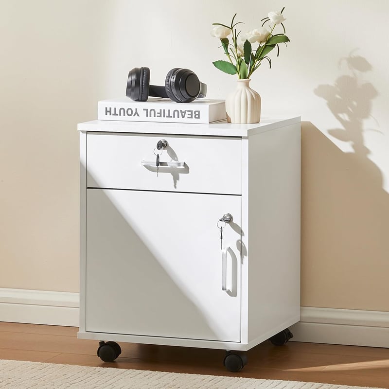 TUKAILAi Mobil Irattartó Szekrény 1 Fiók 1 Ajtó Zárható Kerekekkel A4 Papírhoz - 1, White