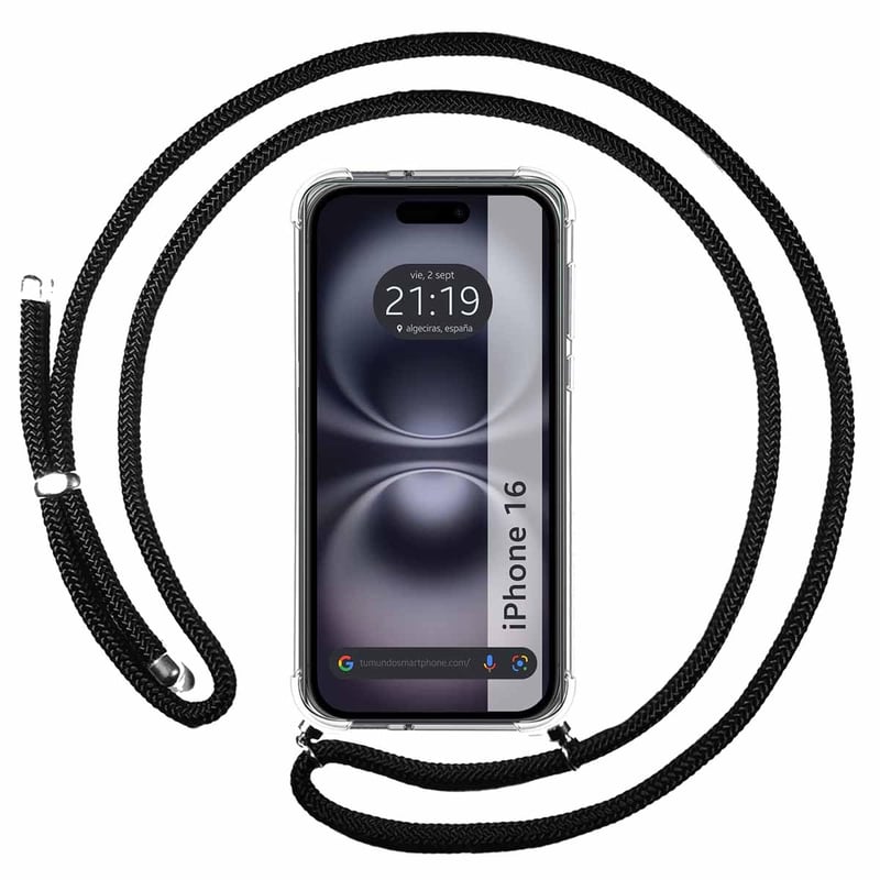 Priehľadný kryt Tumundosmartphone pre iPhone 16 (6,1") s čiernou šnúrkou na krk – priehľadný zadný kryt, ochranné puzdro na zavesenie na krk