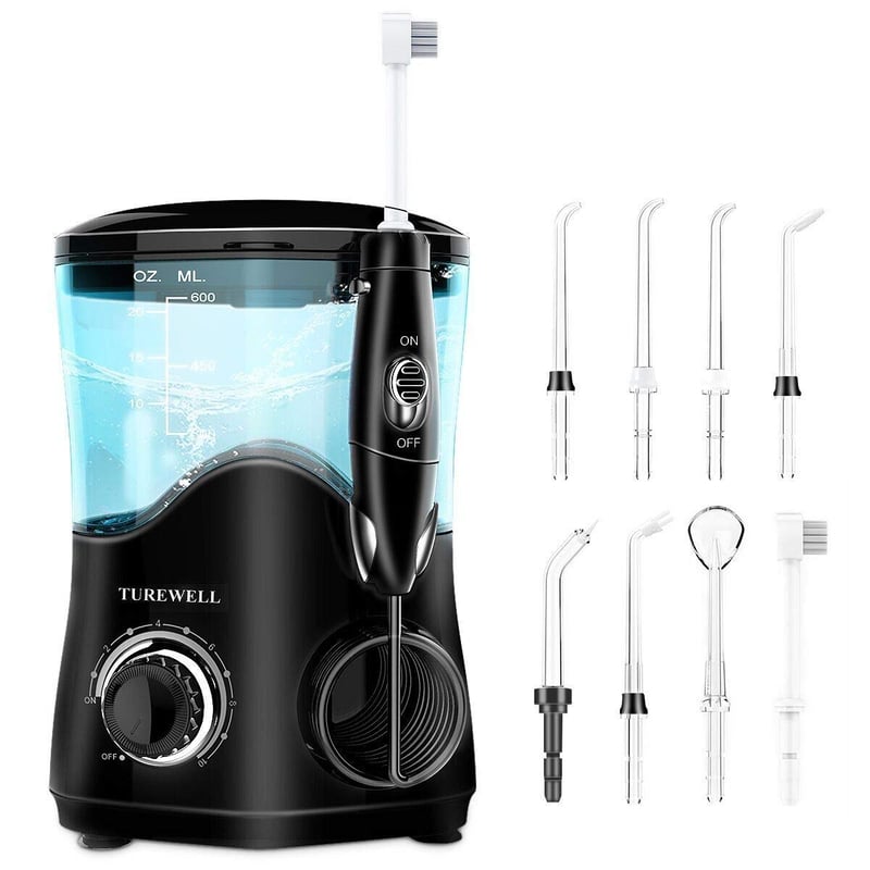 TUREWELL električni tuš za zube sa spremnikom od 600 ml, 10 razina tlaka vode i 8 nastavaka, crni