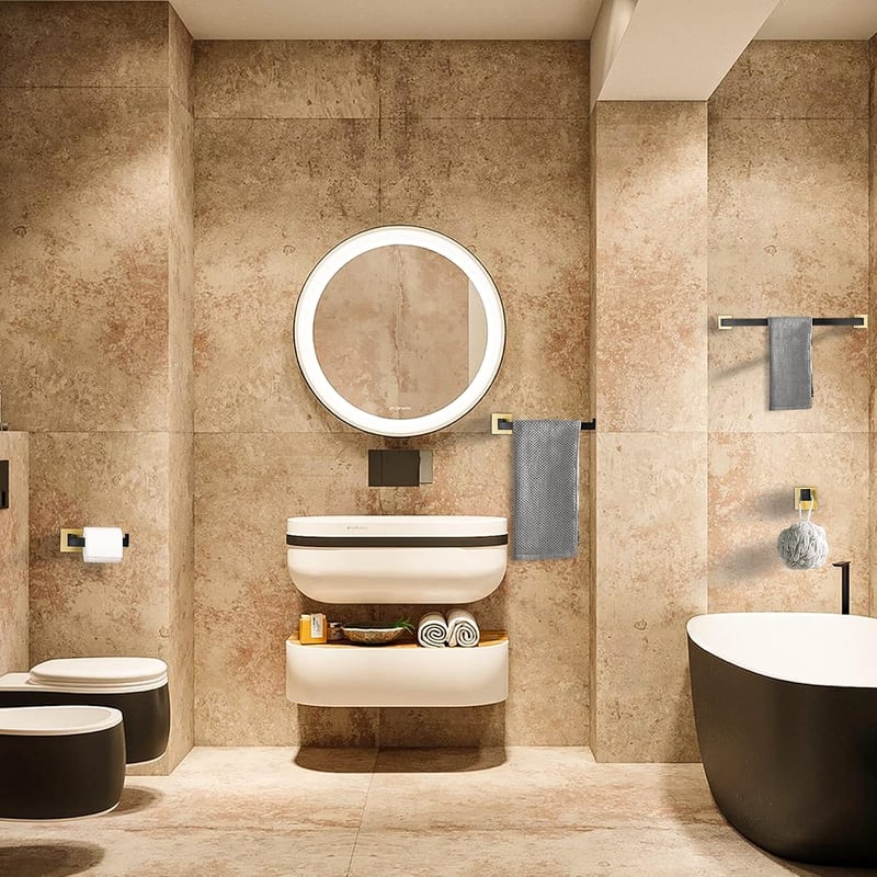 TURS 5 részes fürdőszobai szett törölközőtartó horog wc papír tartó fekete-arany - Black + Gold