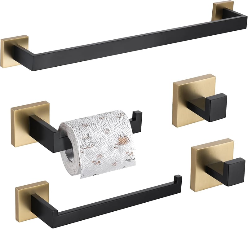 TURS 5 részes fürdőszobai szett törölközőtartó horog wc papír tartó fekete-arany - Black + Gold