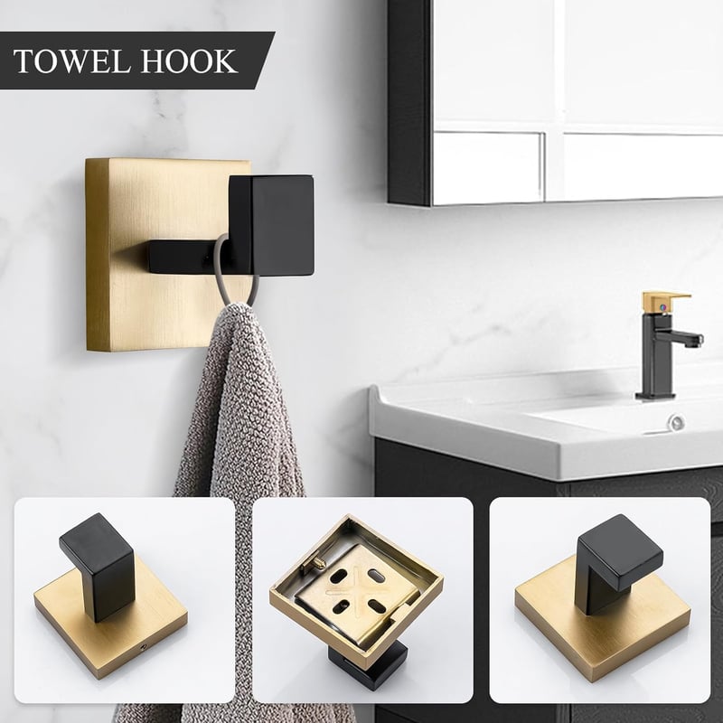 TURS 5 részes fürdőszobai szett törölközőtartó horog wc papír tartó fekete-arany - Black + Gold