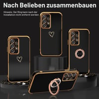 TUUTPU puzdro pre Samsung Galaxy A52S 5G / A52 5G / 4G s remienkom, kryt na telefón so srdiečkovým vzorom a 360° krúžkovým stojanom, tenký silikónový nárazuvzdorný ochranný obal s odnímateľnou šnúrkou na krk, čierny 2