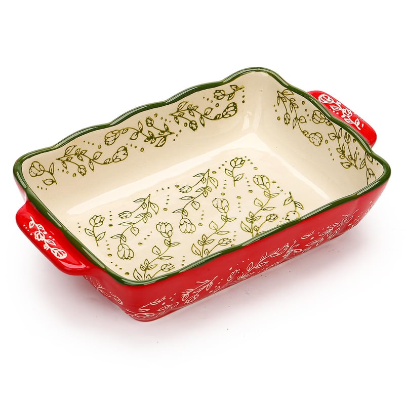 TuYines Kerámia Sütőtál Téglalap Alakú Fedeles Casserole Tál Fogantyúval Lasagne Pite Rakott Ételek Sütéséhez Piros