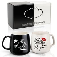 TUZELIYA Set šálok Mr. Right a Mrs. Always Right – Čiernobiela svadobná darčeková sada pre páry, darček k výročiu pre neho a pre ňu 1