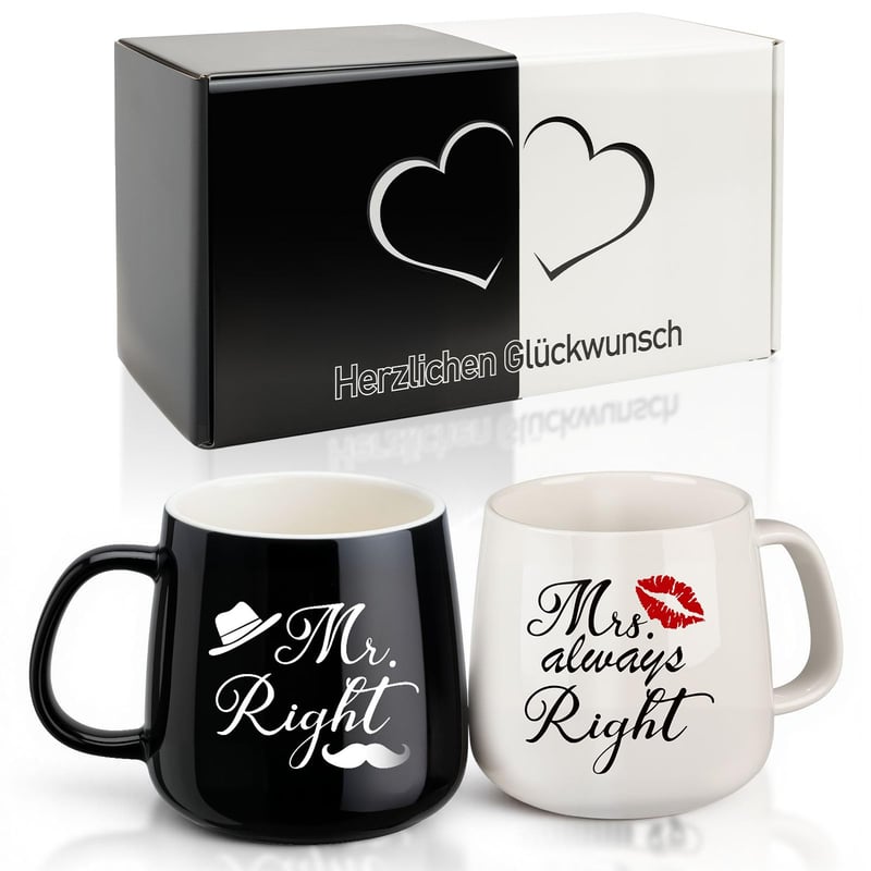 TUZELIYA Set šálok Mr. Right a Mrs. Always Right – Čiernobiela svadobná darčeková sada pre páry, darček k výročiu pre neho a pre ňu