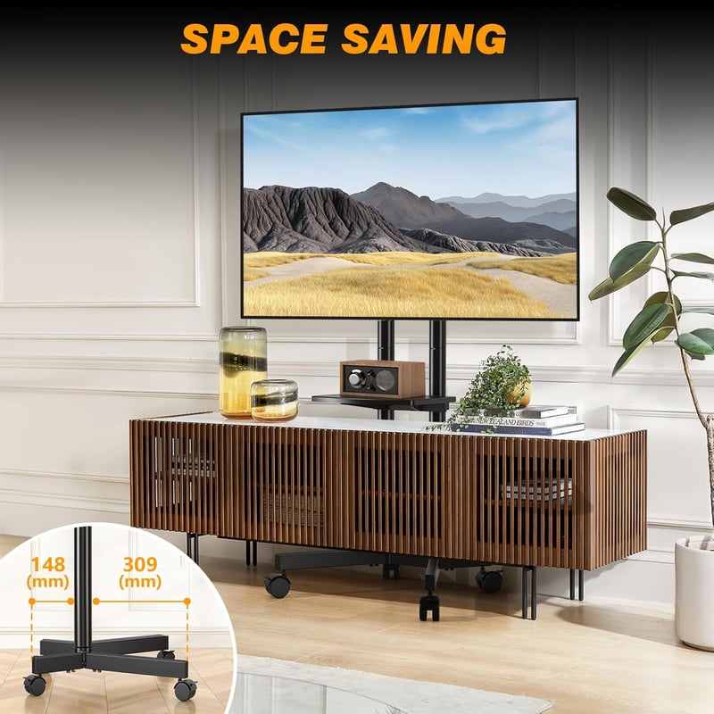 TVON Mobil TV Állvány 32-75" Képernyőkhöz - Görgős, Magasságállítható TV Tartó Polccal, 40kg Teherbírás, VESA 400x400mm Kompatibilis