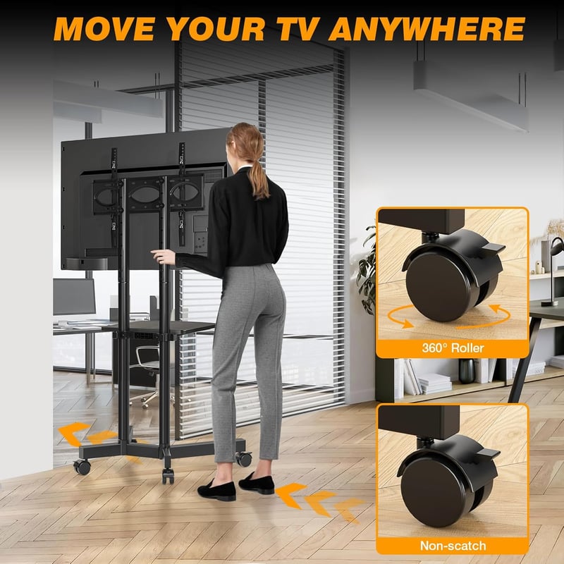 TVON Mobil TV Állvány 32-75" Képernyőkhöz - Görgős, Magasságállítható TV Tartó Polccal, 40kg Teherbírás, VESA 400x400mm Kompatibilis