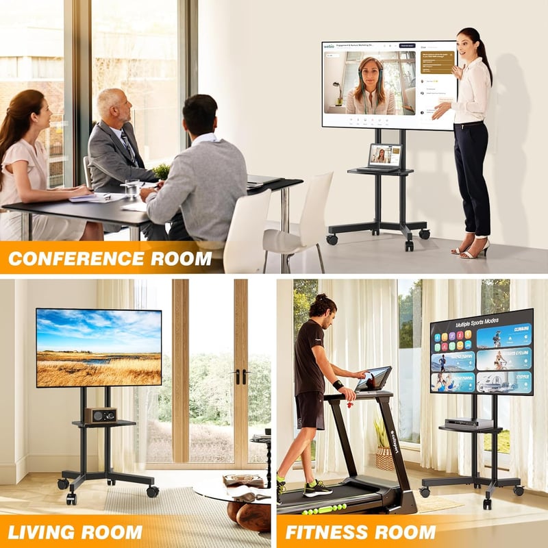 TVON Mobil TV Állvány 32-75" Képernyőkhöz - Görgős, Magasságállítható TV Tartó Polccal, 40kg Teherbírás, VESA 400x400mm Kompatibilis