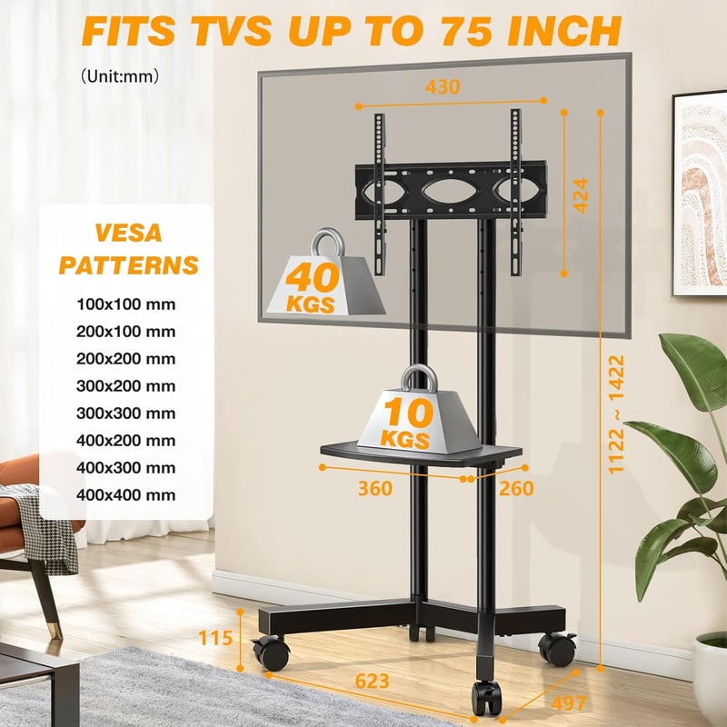 TVON Mobil TV Állvány 32-75" Képernyőkhöz - Görgős, Magasságállítható TV Tartó Polccal, 40kg Teherbírás, VESA 400x400mm Kompatibilis