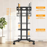 TVON Mobil TV Állvány 32-75" Képernyőkhöz - Görgős, Magasságállítható TV Tartó Polccal, 40kg Teherbírás, VESA 400x400mm Kompatibilis 4