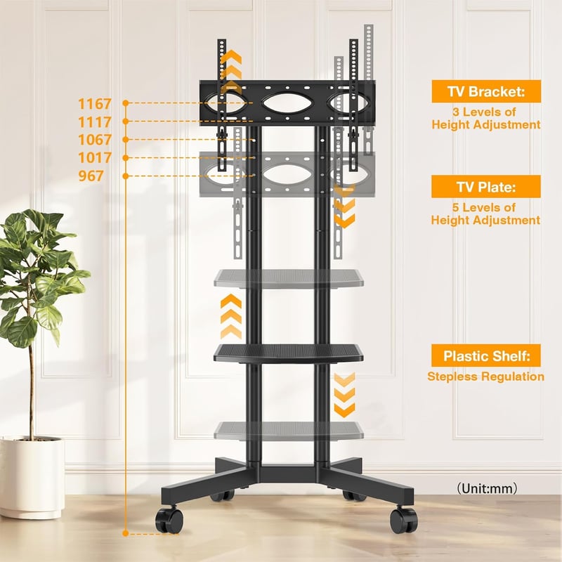 TVON Mobil TV Állvány 32-75" Képernyőkhöz - Görgős, Magasságállítható TV Tartó Polccal, 40kg Teherbírás, VESA 400x400mm Kompatibilis