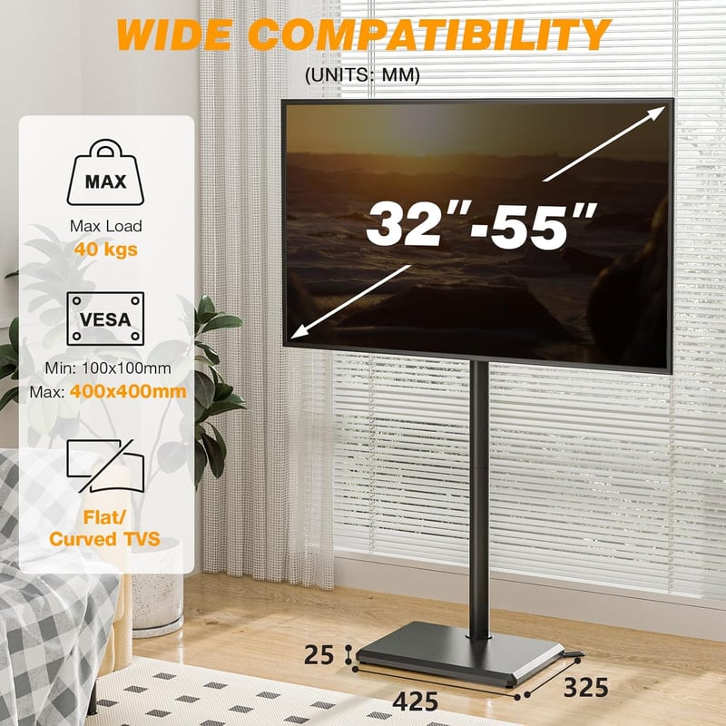 TVON TV Állvány 32-55 Colos Televízióhoz - Állítható Magasságú, Forgatható Padlóállvány, VESA 400x400mm, 40kg Teherbírás, Fekete